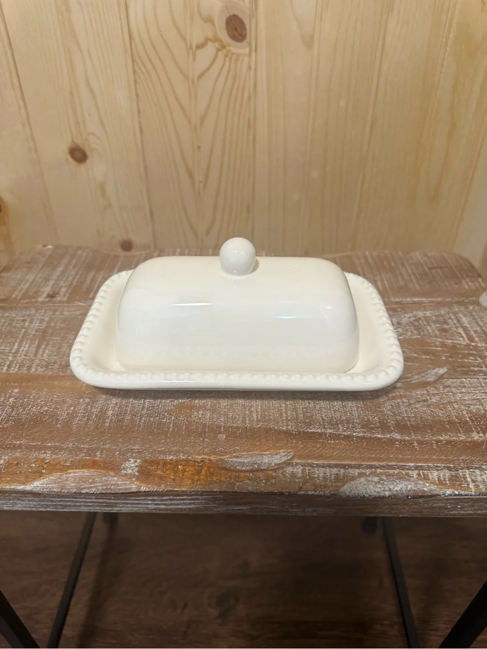 Pottery Barn White Ceramic Butter Keeper with Beaded Rim